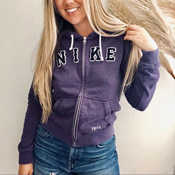 NIKE Purple White Black Logo Drawstring Zip Up Hoodie Sweatshirt Sweater S Gym - Picture 3 of 5